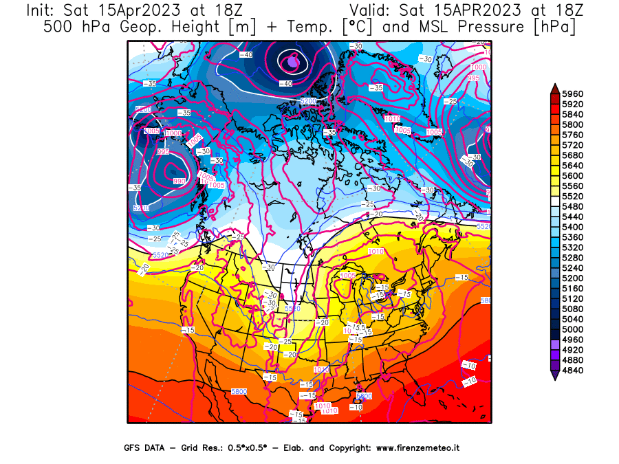 GFS analysi map - Geopotential [m] + Temp. [°C] at 500 hPa + Sea Level Pressure [hPa] in North America
									on 15/04/2023 18 <!--googleoff: index-->UTC<!--googleon: index-->