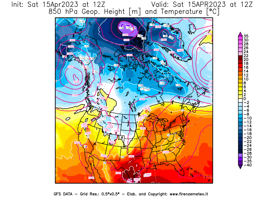 GFS analysi map - Geopotential [m] and Temperature [°C] at 850 hPa in North America
									on 15/04/2023 12 <!--googleoff: index-->UTC<!--googleon: index-->