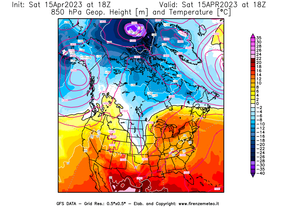 GFS analysi map - Geopotential [m] and Temperature [°C] at 850 hPa in North America
									on 15/04/2023 18 <!--googleoff: index-->UTC<!--googleon: index-->