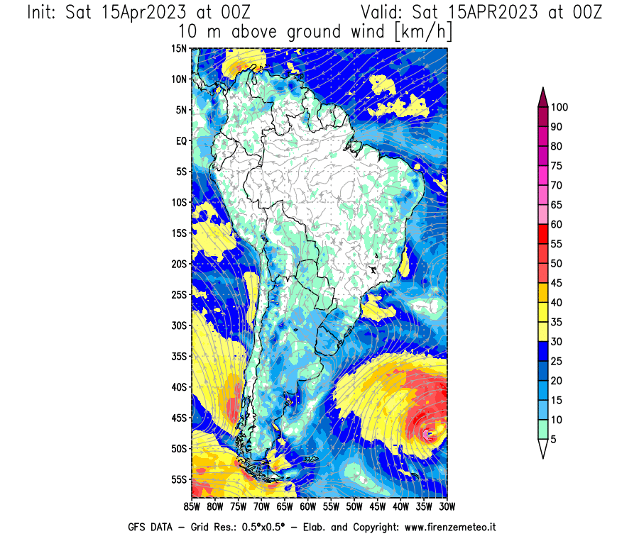 Mappa di analisi GFS - Velocità del vento a 10 metri dal suolo [km/h] in Sud-America
							del 15/04/2023 00 <!--googleoff: index-->UTC<!--googleon: index-->