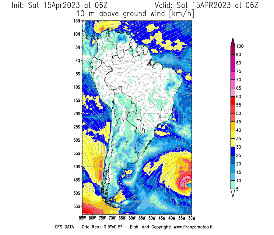 Mappa di analisi GFS - Velocità del vento a 10 metri dal suolo [km/h] in Sud-America
							del 15/04/2023 06 <!--googleoff: index-->UTC<!--googleon: index-->