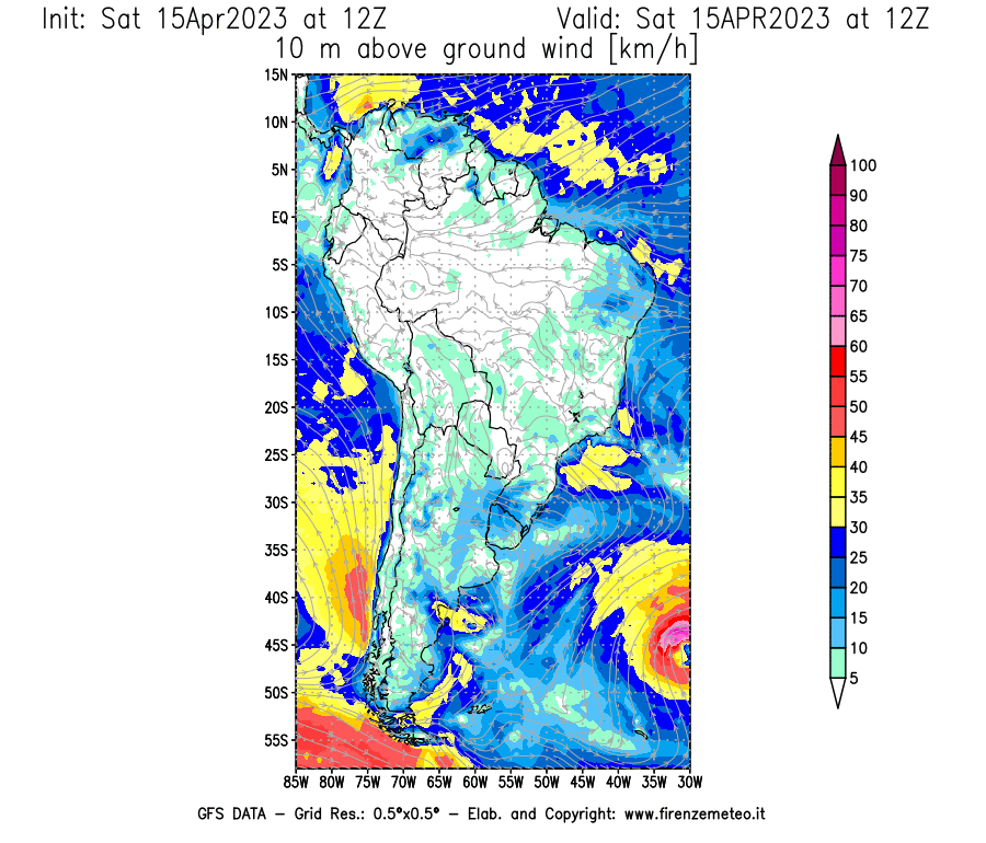 Mappa di analisi GFS - Velocità del vento a 10 metri dal suolo [km/h] in Sud-America
							del 15/04/2023 12 <!--googleoff: index-->UTC<!--googleon: index-->