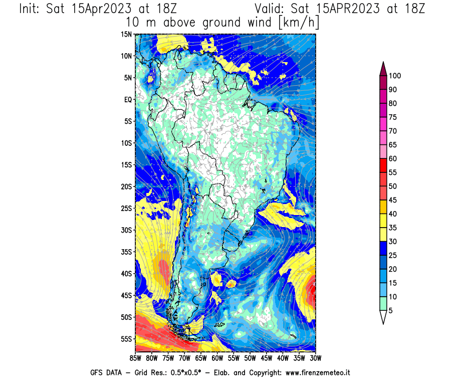 Mappa di analisi GFS - Velocità del vento a 10 metri dal suolo [km/h] in Sud-America
							del 15/04/2023 18 <!--googleoff: index-->UTC<!--googleon: index-->