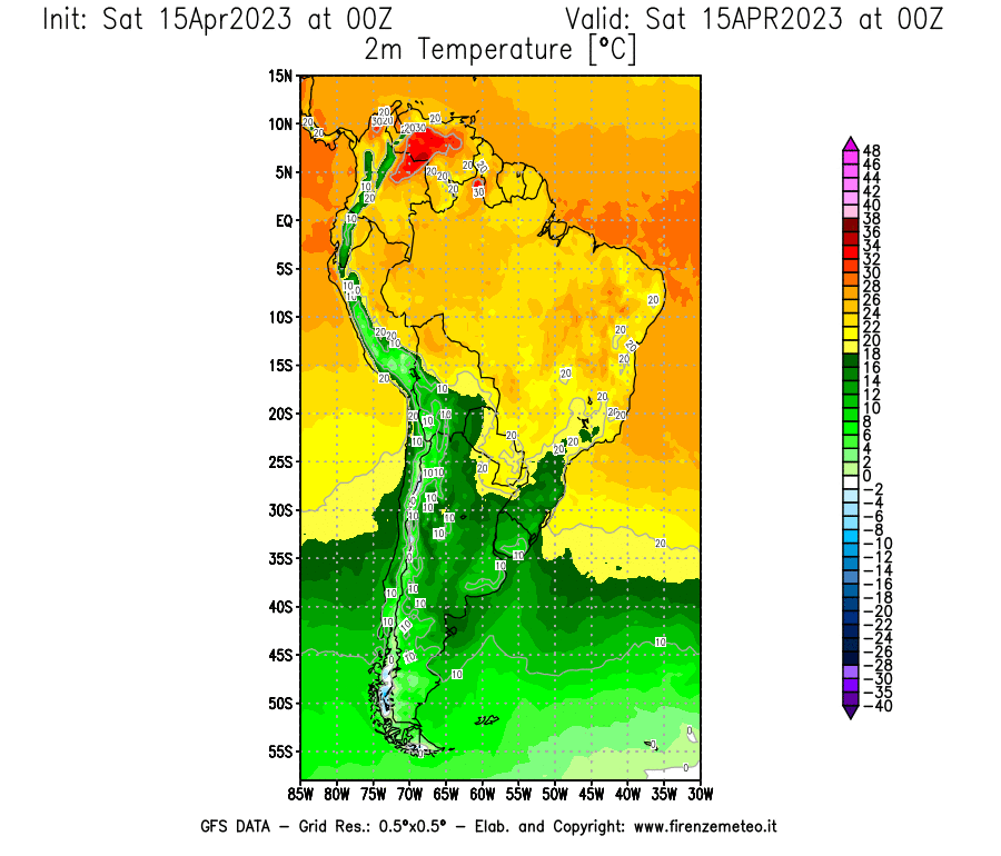 Mappa di analisi GFS - Temperatura a 2 metri dal suolo [°C] in Sud-America
							del 15/04/2023 00 <!--googleoff: index-->UTC<!--googleon: index-->