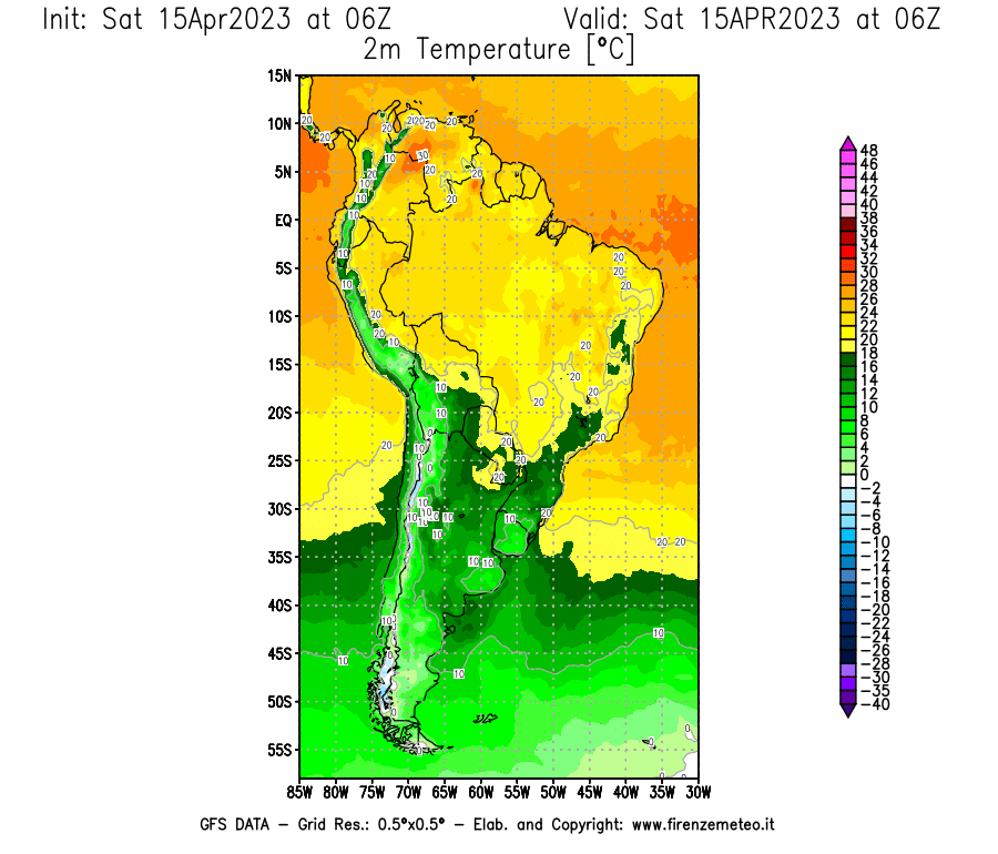 Mappa di analisi GFS - Temperatura a 2 metri dal suolo [°C] in Sud-America
							del 15/04/2023 06 <!--googleoff: index-->UTC<!--googleon: index-->