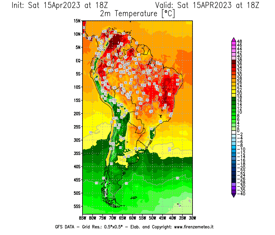 Mappa di analisi GFS - Temperatura a 2 metri dal suolo [°C] in Sud-America
							del 15/04/2023 18 <!--googleoff: index-->UTC<!--googleon: index-->