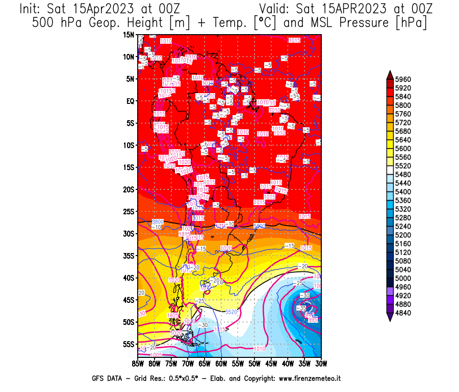 Mappa di analisi GFS - Geopotenziale [m] + Temp. [°C] a 500 hPa + Press. a livello del mare [hPa] in Sud-America
							del 15/04/2023 00 <!--googleoff: index-->UTC<!--googleon: index-->