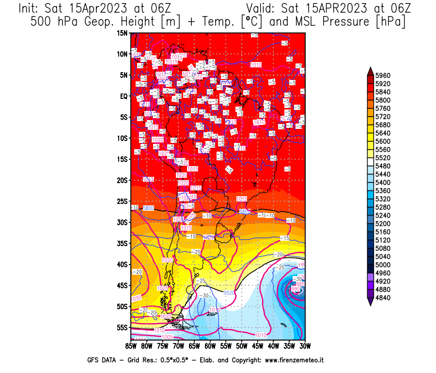 Mappa di analisi GFS - Geopotenziale [m] + Temp. [°C] a 500 hPa + Press. a livello del mare [hPa] in Sud-America
							del 15/04/2023 06 <!--googleoff: index-->UTC<!--googleon: index-->