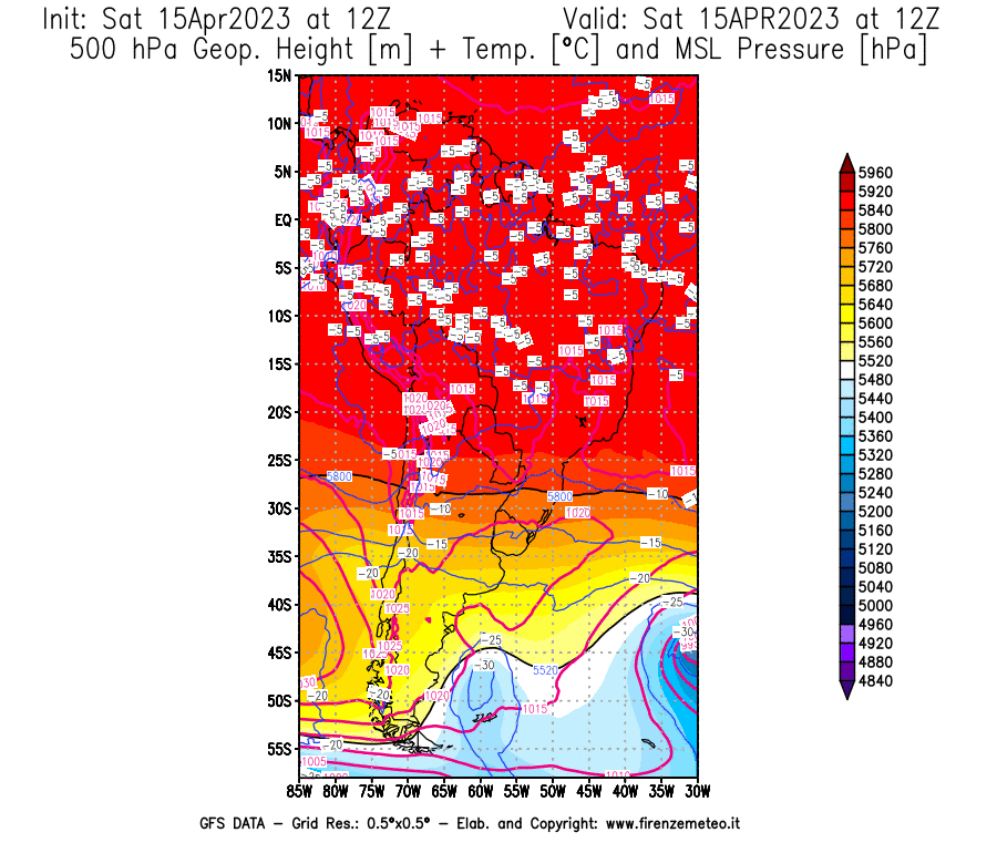 GFS analysi map - Geopotential [m] + Temp. [°C] at 500 hPa + Sea Level Pressure [hPa] in South America
									on 15/04/2023 12 <!--googleoff: index-->UTC<!--googleon: index-->