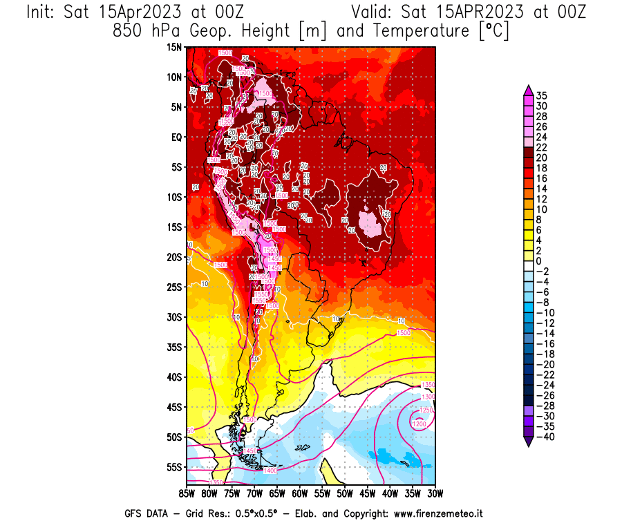 Mappa di analisi GFS - Geopotenziale [m] e Temperatura [°C] a 850 hPa in Sud-America
							del 15/04/2023 00 <!--googleoff: index-->UTC<!--googleon: index-->