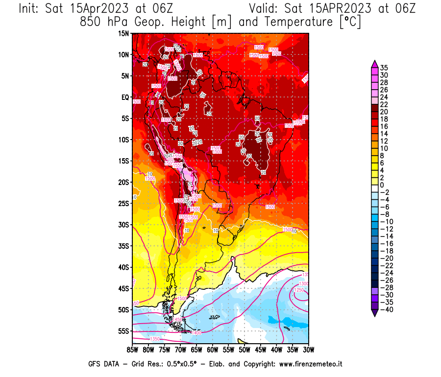 Mappa di analisi GFS - Geopotenziale [m] e Temperatura [°C] a 850 hPa in Sud-America
							del 15/04/2023 06 <!--googleoff: index-->UTC<!--googleon: index-->