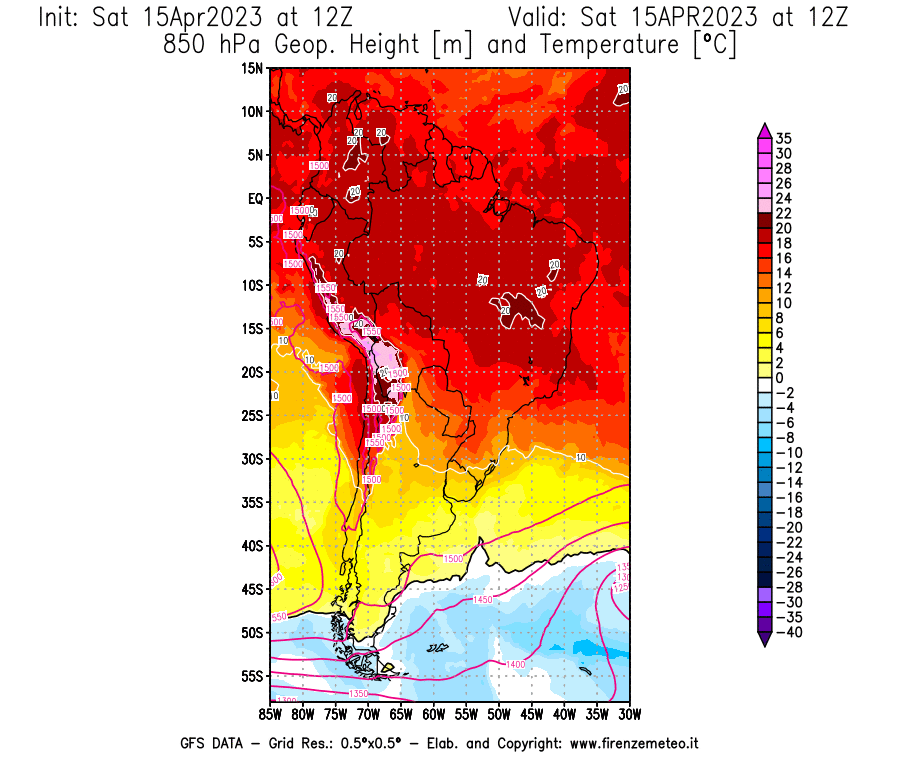 Mappa di analisi GFS - Geopotenziale [m] e Temperatura [°C] a 850 hPa in Sud-America
							del 15/04/2023 12 <!--googleoff: index-->UTC<!--googleon: index-->