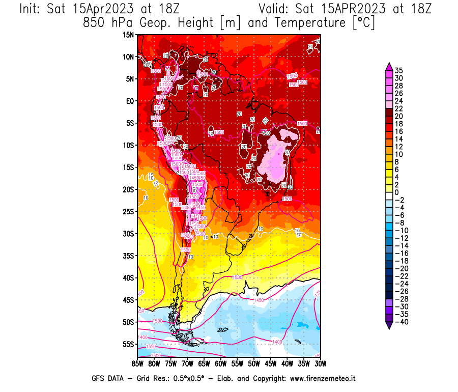 Mappa di analisi GFS - Geopotenziale [m] e Temperatura [°C] a 850 hPa in Sud-America
							del 15/04/2023 18 <!--googleoff: index-->UTC<!--googleon: index-->