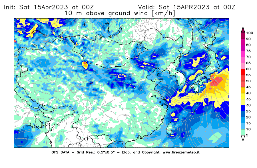 Mappa di analisi GFS - Velocità del vento a 10 metri dal suolo [km/h] in Asia Orientale
							del 15/04/2023 00 <!--googleoff: index-->UTC<!--googleon: index-->