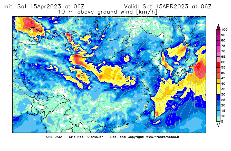 Mappa di analisi GFS - Velocità del vento a 10 metri dal suolo [km/h] in Asia Orientale
							del 15/04/2023 06 <!--googleoff: index-->UTC<!--googleon: index-->