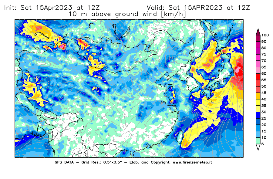 GFS analysi map - Wind Speed at 10 m above ground [km/h] in East Asia
									on 15/04/2023 12 <!--googleoff: index-->UTC<!--googleon: index-->