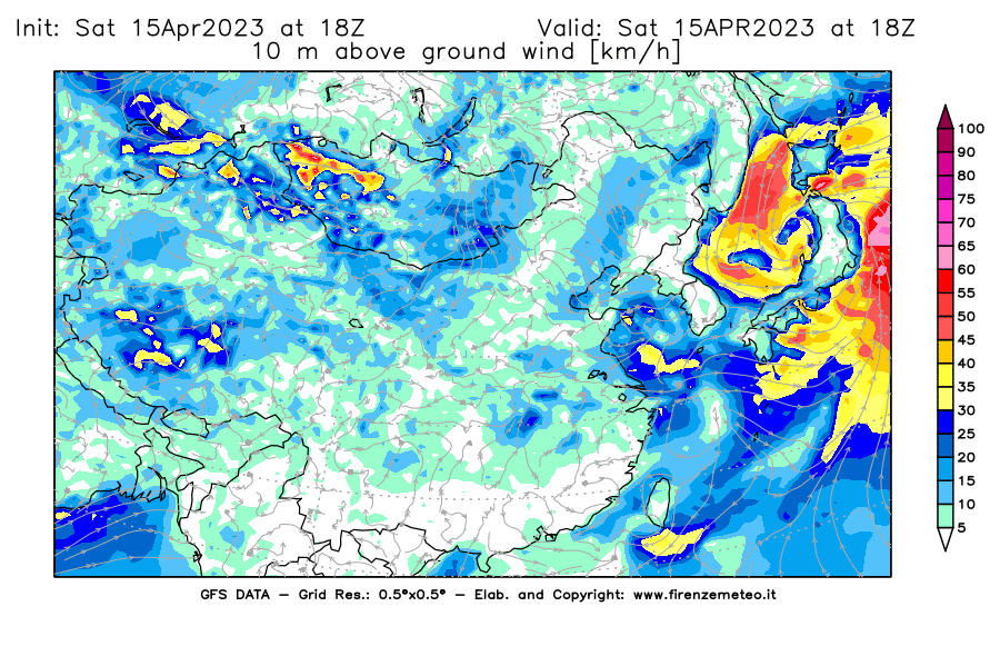 GFS analysi map - Wind Speed at 10 m above ground [km/h] in East Asia
									on 15/04/2023 18 <!--googleoff: index-->UTC<!--googleon: index-->