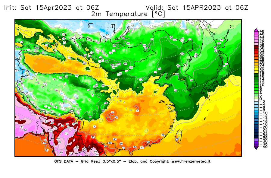 GFS analysi map - Temperature at 2 m above ground [°C] in East Asia
									on 15/04/2023 06 <!--googleoff: index-->UTC<!--googleon: index-->