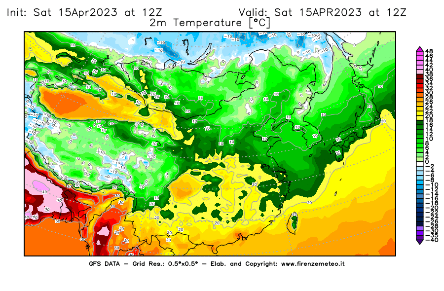 GFS analysi map - Temperature at 2 m above ground [°C] in East Asia
									on 15/04/2023 12 <!--googleoff: index-->UTC<!--googleon: index-->