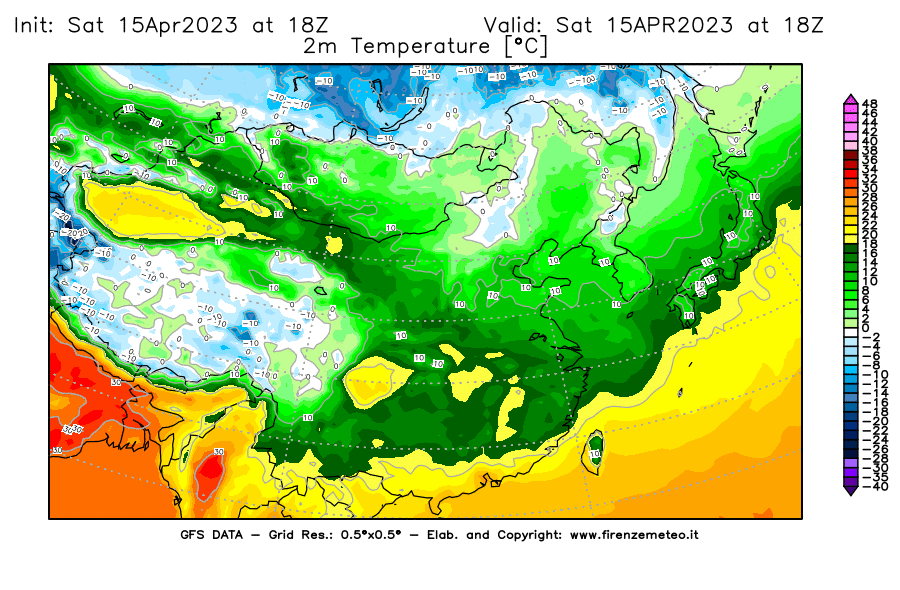 GFS analysi map - Temperature at 2 m above ground [°C] in East Asia
									on 15/04/2023 18 <!--googleoff: index-->UTC<!--googleon: index-->