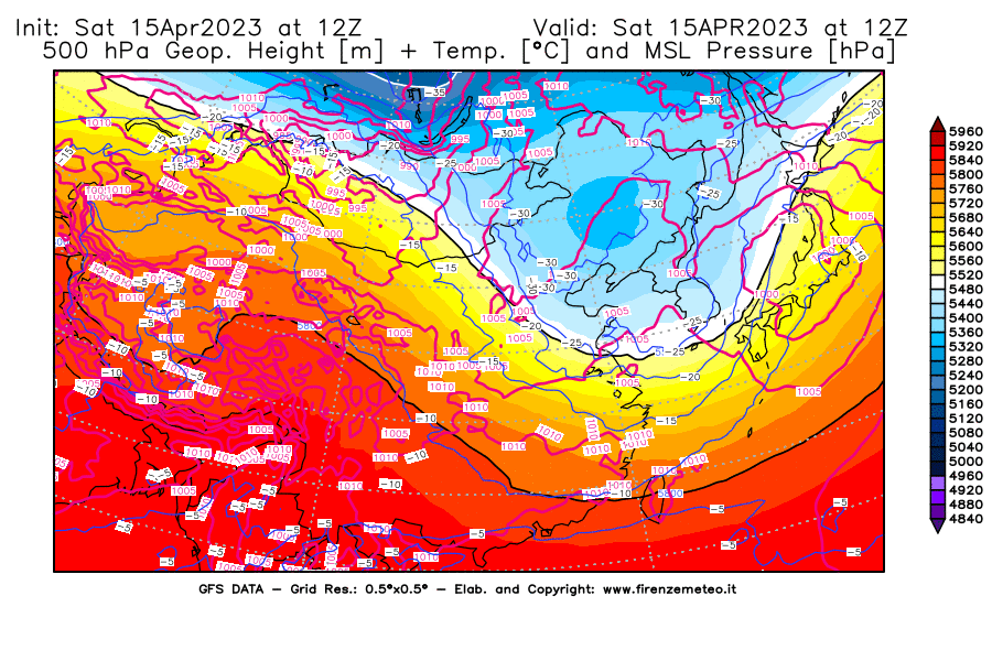 GFS analysi map - Geopotential [m] + Temp. [°C] at 500 hPa + Sea Level Pressure [hPa] in East Asia
									on 15/04/2023 12 <!--googleoff: index-->UTC<!--googleon: index-->