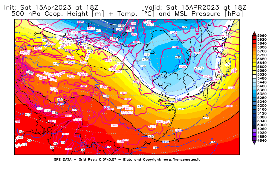 GFS analysi map - Geopotential [m] + Temp. [°C] at 500 hPa + Sea Level Pressure [hPa] in East Asia
									on 15/04/2023 18 <!--googleoff: index-->UTC<!--googleon: index-->