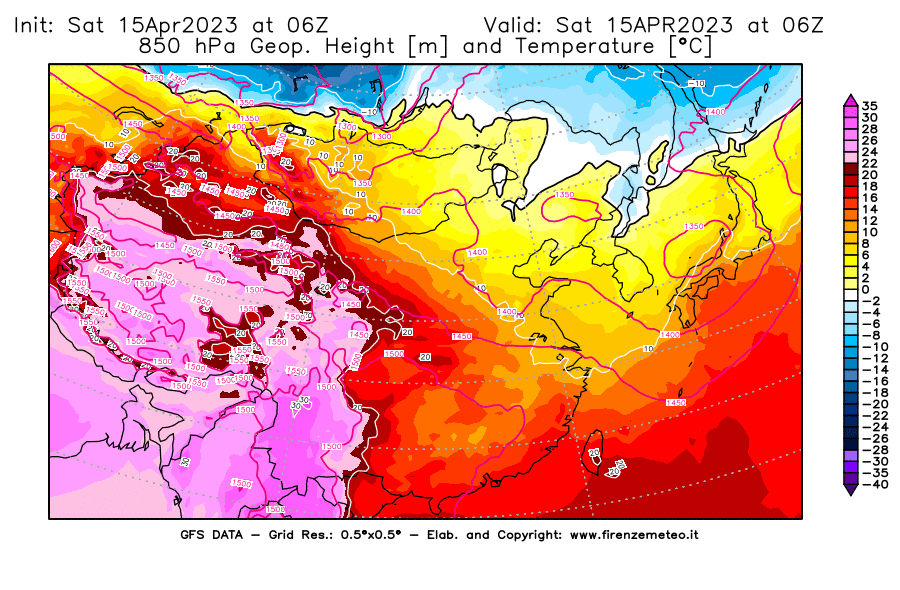 GFS analysi map - Geopotential [m] and Temperature [°C] at 850 hPa in East Asia
									on 15/04/2023 06 <!--googleoff: index-->UTC<!--googleon: index-->