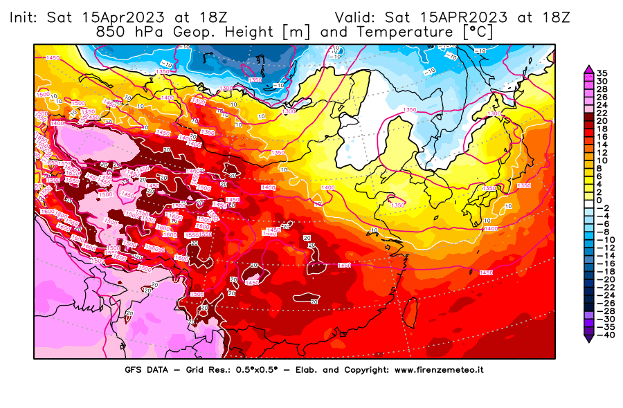 GFS analysi map - Geopotential [m] and Temperature [°C] at 850 hPa in East Asia
									on 15/04/2023 18 <!--googleoff: index-->UTC<!--googleon: index-->