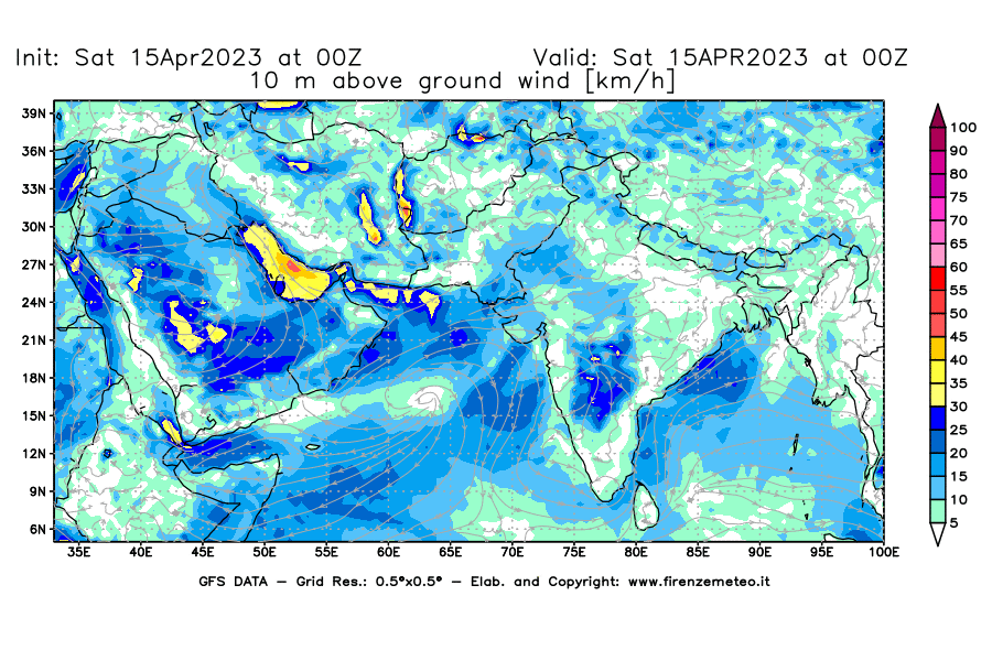 GFS analysi map - Wind Speed at 10 m above ground [km/h] in South West Asia 
									on 15/04/2023 00 <!--googleoff: index-->UTC<!--googleon: index-->