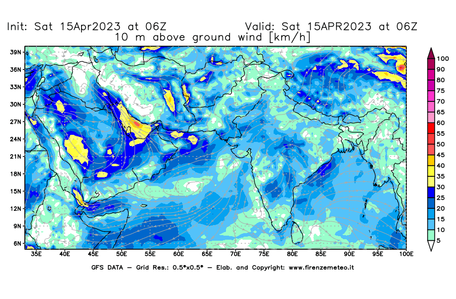 Mappa di analisi GFS - Velocità del vento a 10 metri dal suolo [km/h] in Asia Sud-Occidentale
							del 15/04/2023 06 <!--googleoff: index-->UTC<!--googleon: index-->