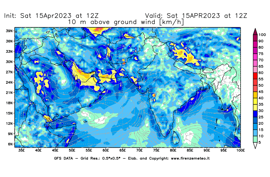 GFS analysi map - Wind Speed at 10 m above ground [km/h] in South West Asia 
									on 15/04/2023 12 <!--googleoff: index-->UTC<!--googleon: index-->