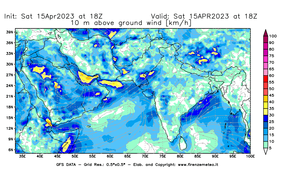 Mappa di analisi GFS - Velocità del vento a 10 metri dal suolo [km/h] in Asia Sud-Occidentale
							del 15/04/2023 18 <!--googleoff: index-->UTC<!--googleon: index-->
