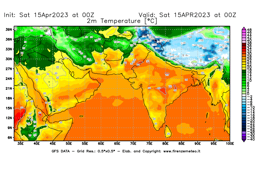 Mappa di analisi GFS - Temperatura a 2 metri dal suolo [°C] in Asia Sud-Occidentale
							del 15/04/2023 00 <!--googleoff: index-->UTC<!--googleon: index-->