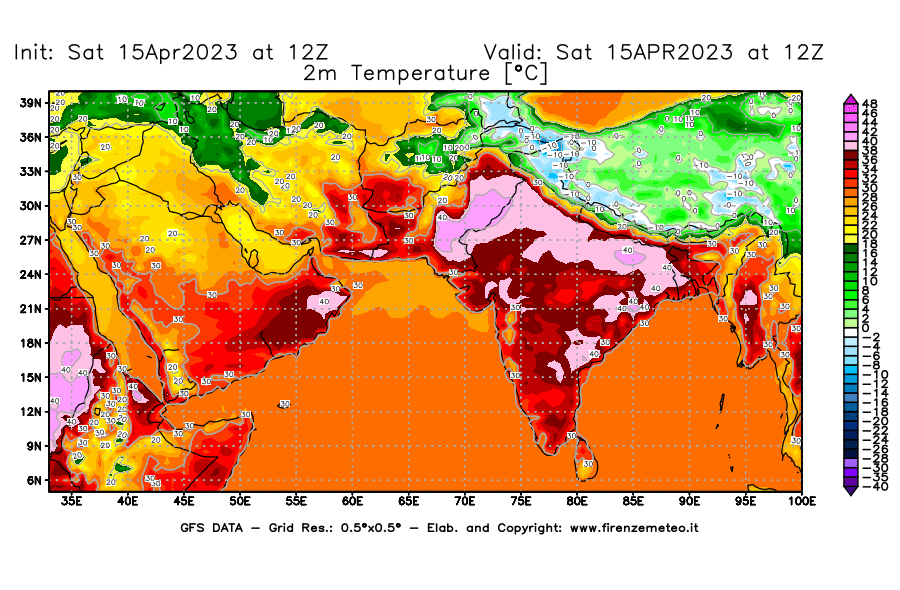 Mappa di analisi GFS - Temperatura a 2 metri dal suolo [°C] in Asia Sud-Occidentale
							del 15/04/2023 12 <!--googleoff: index-->UTC<!--googleon: index-->