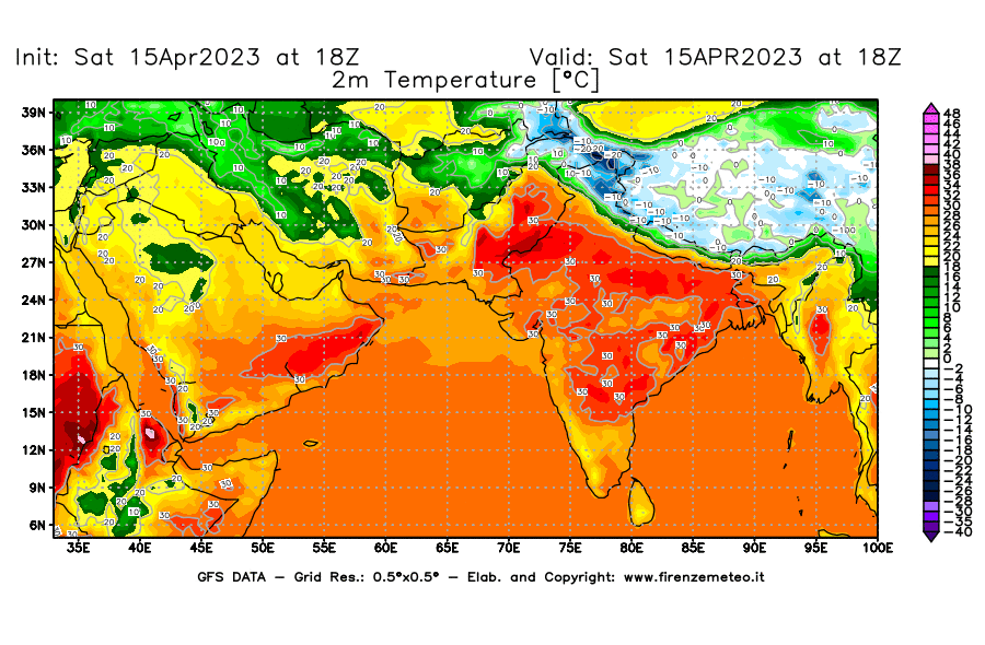 GFS analysi map - Temperature at 2 m above ground [°C] in South West Asia 
									on 15/04/2023 18 <!--googleoff: index-->UTC<!--googleon: index-->