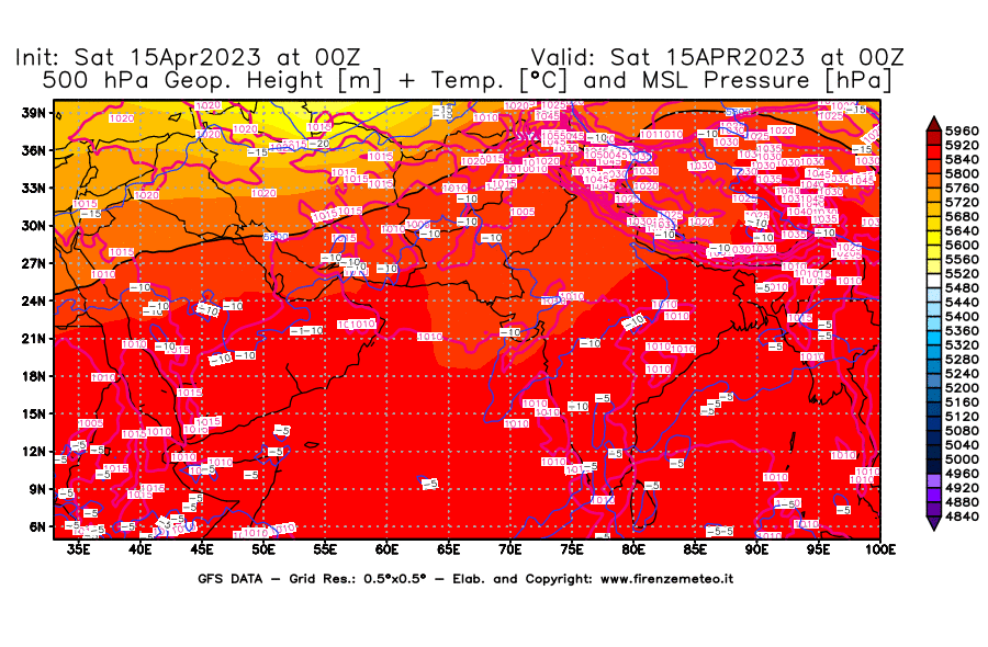 Mappa di analisi GFS - Geopotenziale [m] + Temp. [°C] a 500 hPa + Press. a livello del mare [hPa] in Asia Sud-Occidentale
							del 15/04/2023 00 <!--googleoff: index-->UTC<!--googleon: index-->