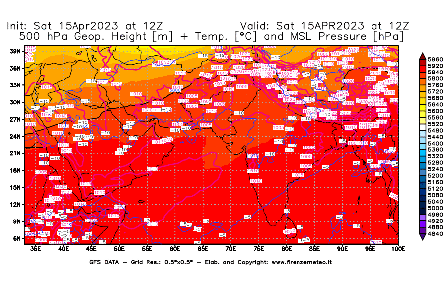 GFS analysi map - Geopotential [m] + Temp. [°C] at 500 hPa + Sea Level Pressure [hPa] in South West Asia 
									on 15/04/2023 12 <!--googleoff: index-->UTC<!--googleon: index-->