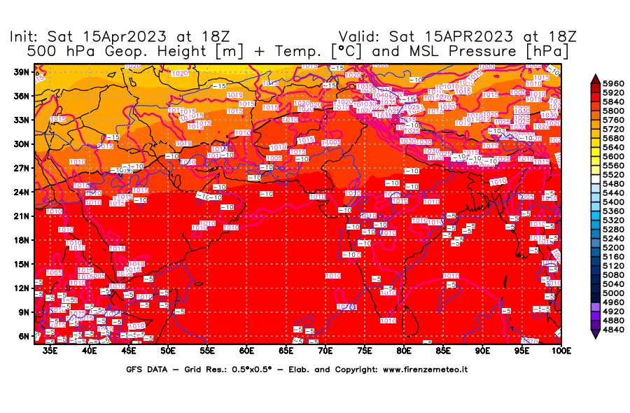 Mappa di analisi GFS - Geopotenziale [m] + Temp. [°C] a 500 hPa + Press. a livello del mare [hPa] in Asia Sud-Occidentale
							del 15/04/2023 18 <!--googleoff: index-->UTC<!--googleon: index-->