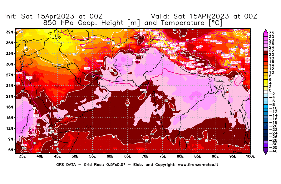 GFS analysi map - Geopotential [m] and Temperature [°C] at 850 hPa in South West Asia 
									on 15/04/2023 00 <!--googleoff: index-->UTC<!--googleon: index-->