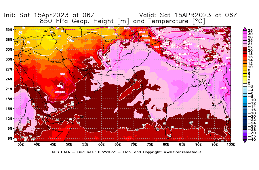 Mappa di analisi GFS - Geopotenziale [m] e Temperatura [°C] a 850 hPa in Asia Sud-Occidentale
							del 15/04/2023 06 <!--googleoff: index-->UTC<!--googleon: index-->