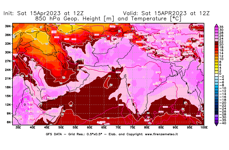GFS analysi map - Geopotential [m] and Temperature [°C] at 850 hPa in South West Asia 
									on 15/04/2023 12 <!--googleoff: index-->UTC<!--googleon: index-->