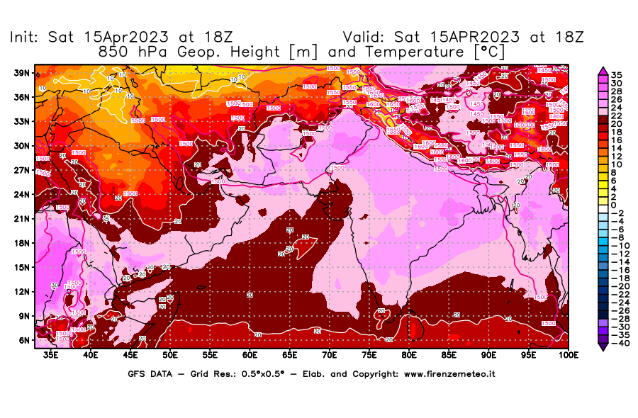 Mappa di analisi GFS - Geopotenziale [m] e Temperatura [°C] a 850 hPa in Asia Sud-Occidentale
							del 15/04/2023 18 <!--googleoff: index-->UTC<!--googleon: index-->