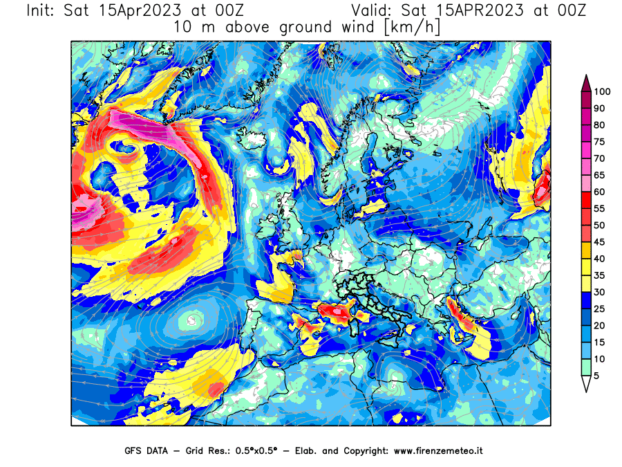 Mappa di analisi GFS - Velocità del vento a 10 metri dal suolo [km/h] in Europa
							del 15/04/2023 00 <!--googleoff: index-->UTC<!--googleon: index-->
