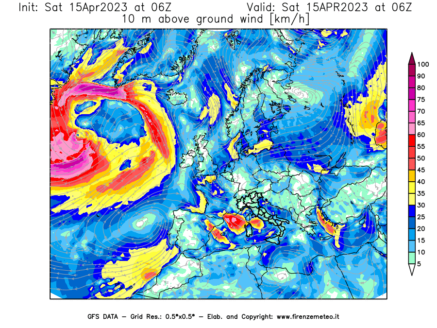 Mappa di analisi GFS - Velocità del vento a 10 metri dal suolo [km/h] in Europa
							del 15/04/2023 06 <!--googleoff: index-->UTC<!--googleon: index-->