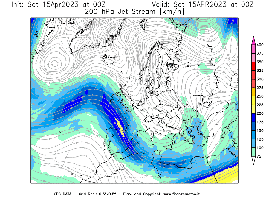 GFS analysi map - Jet Stream at 200 hPa in Europe
									on 15/04/2023 00 <!--googleoff: index-->UTC<!--googleon: index-->