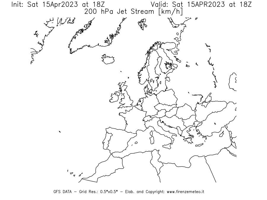 Mappa di analisi GFS - Jet Stream a 200 hPa in Europa
							del 15/04/2023 18 <!--googleoff: index-->UTC<!--googleon: index-->