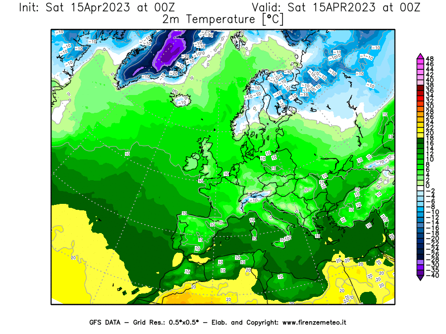GFS analysi map - Temperature at 2 m above ground [°C] in Europe
									on 15/04/2023 00 <!--googleoff: index-->UTC<!--googleon: index-->