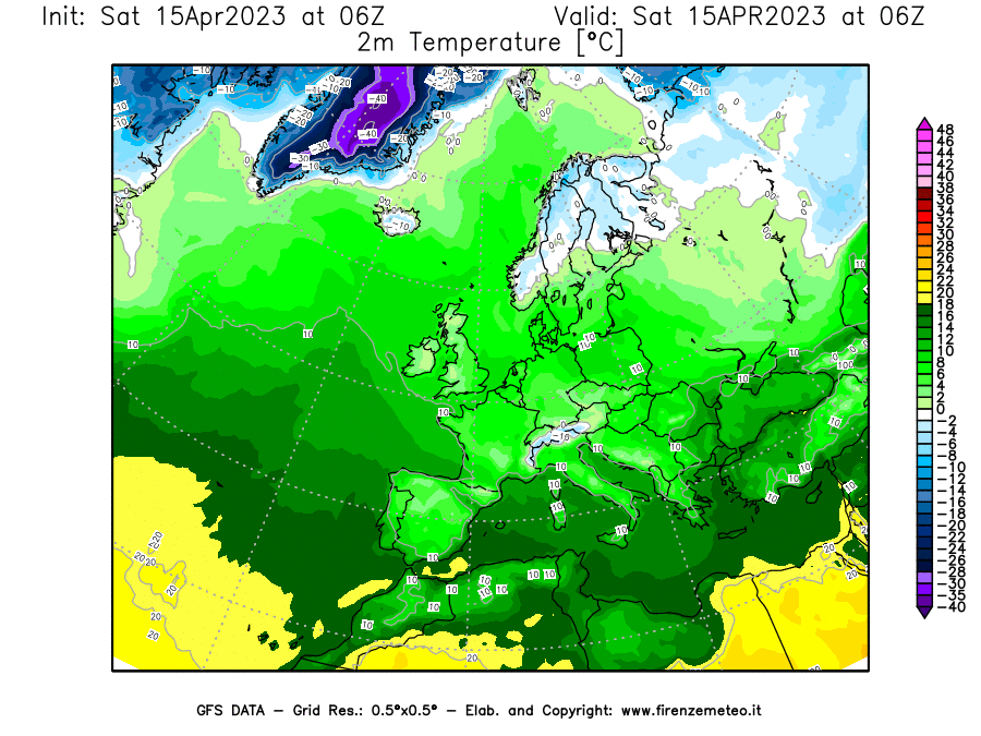 Mappa di analisi GFS - Temperatura a 2 metri dal suolo [°C] in Europa
							del 15/04/2023 06 <!--googleoff: index-->UTC<!--googleon: index-->