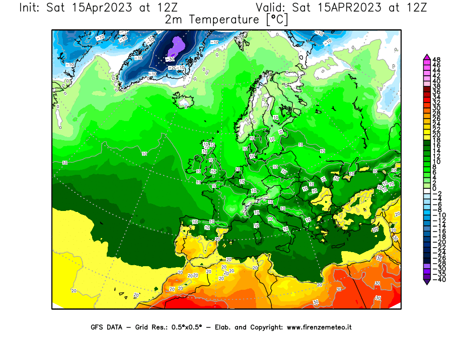 GFS analysi map - Temperature at 2 m above ground [°C] in Europe
									on 15/04/2023 12 <!--googleoff: index-->UTC<!--googleon: index-->