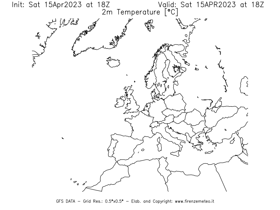 Mappa di analisi GFS - Temperatura a 2 metri dal suolo [°C] in Europa
							del 15/04/2023 18 <!--googleoff: index-->UTC<!--googleon: index-->